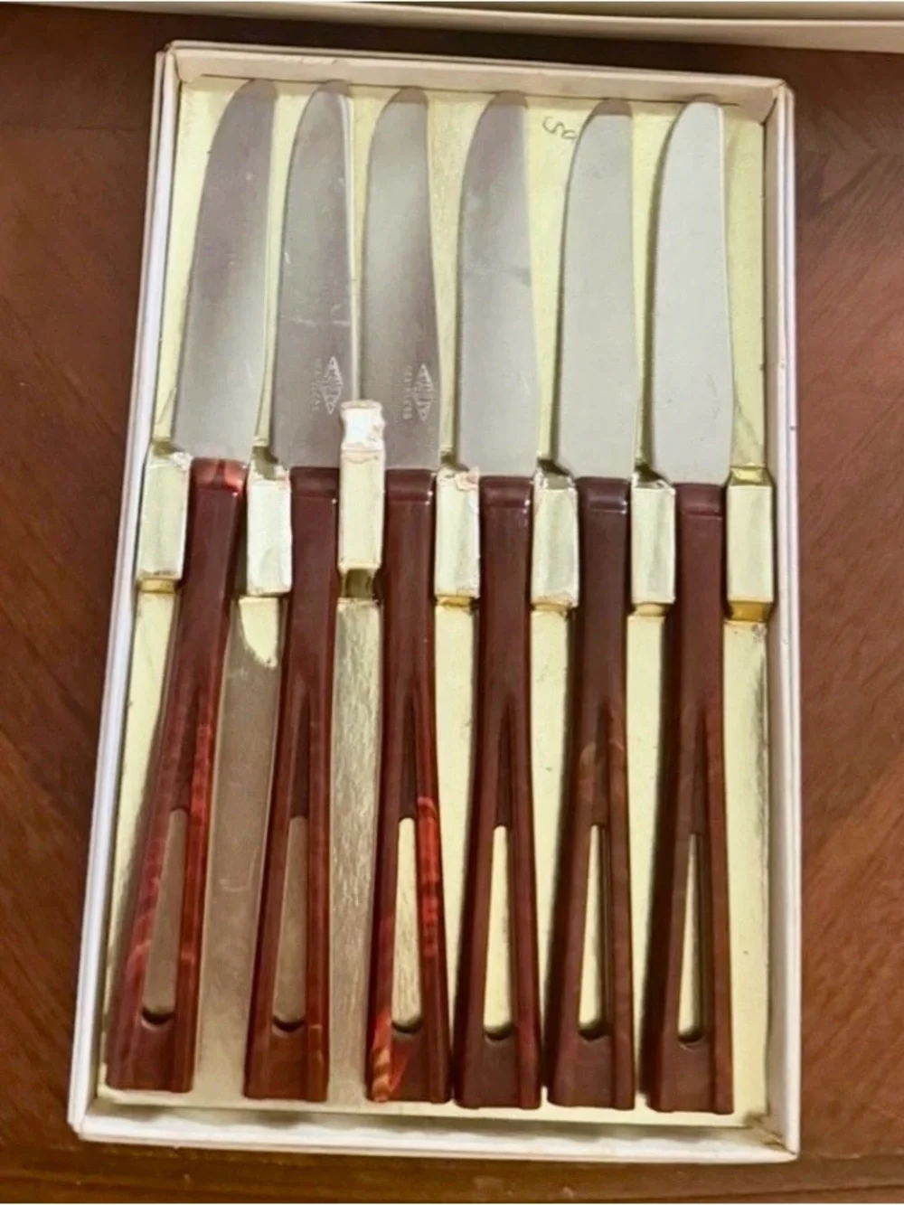 Vintage MCM Stanley Deluxe Steak Knife Set with Atomic Design Lucite Handles NIB